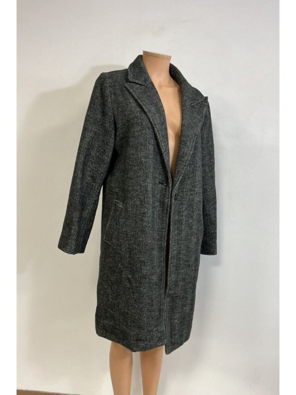 Oversize Gray Wool Coat Herringbone Womens Large